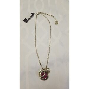 Anne Klein Women Gold Tone Layered Pendant Necklace Signed Lion Logo Rhinestone